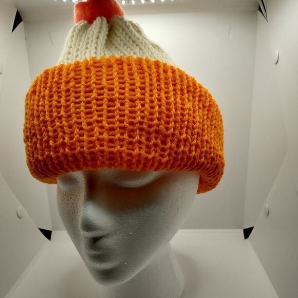 Handmade Hat Orange Ivory Unisex Winter Knit Warm Beanie Slouchy Ski Cap Pom Pom - Picture 1 of 7